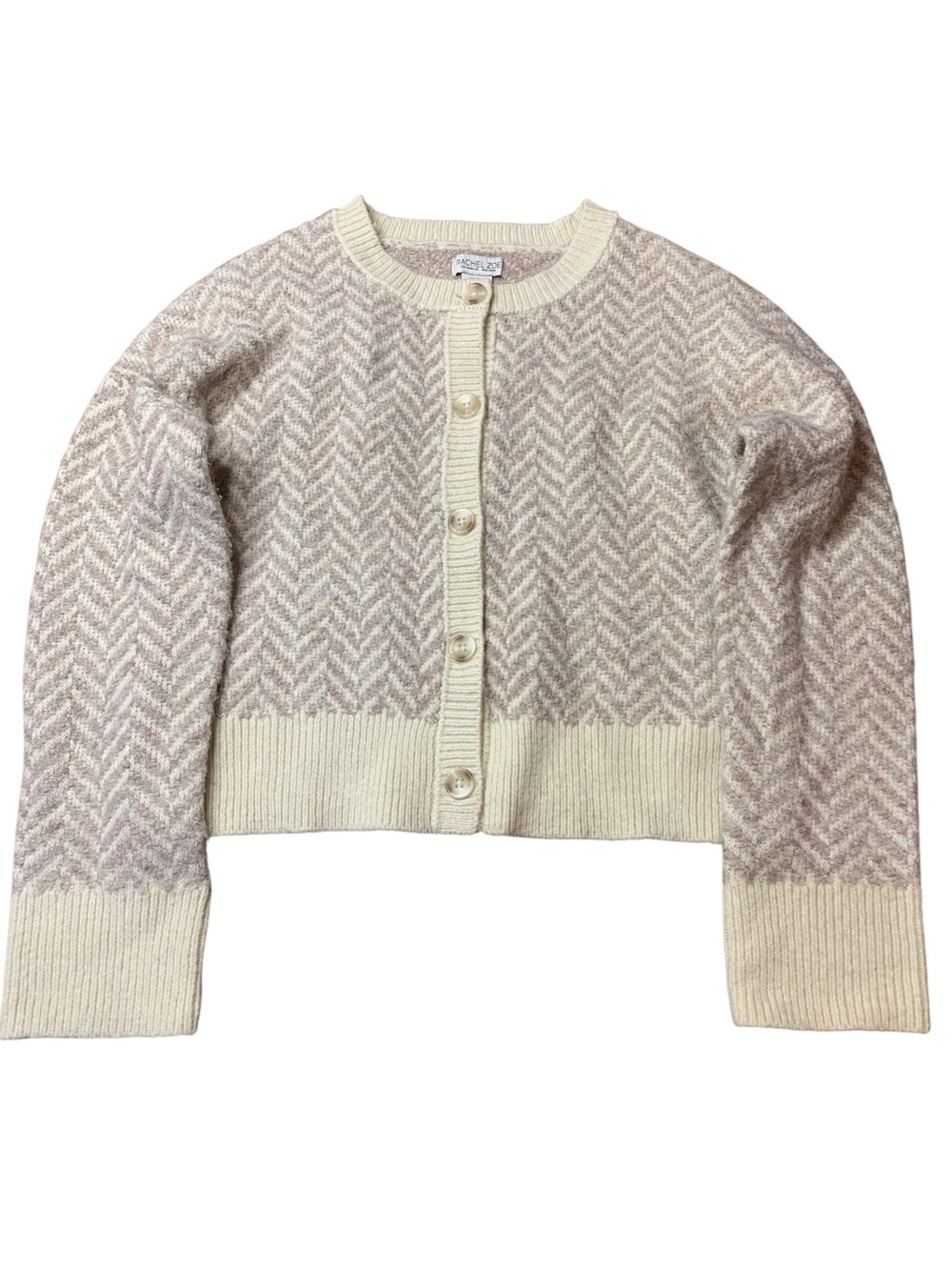 Rachel Zoe Cream Taupe Chevron Knit Button-Front Cardigan Sweater Size M